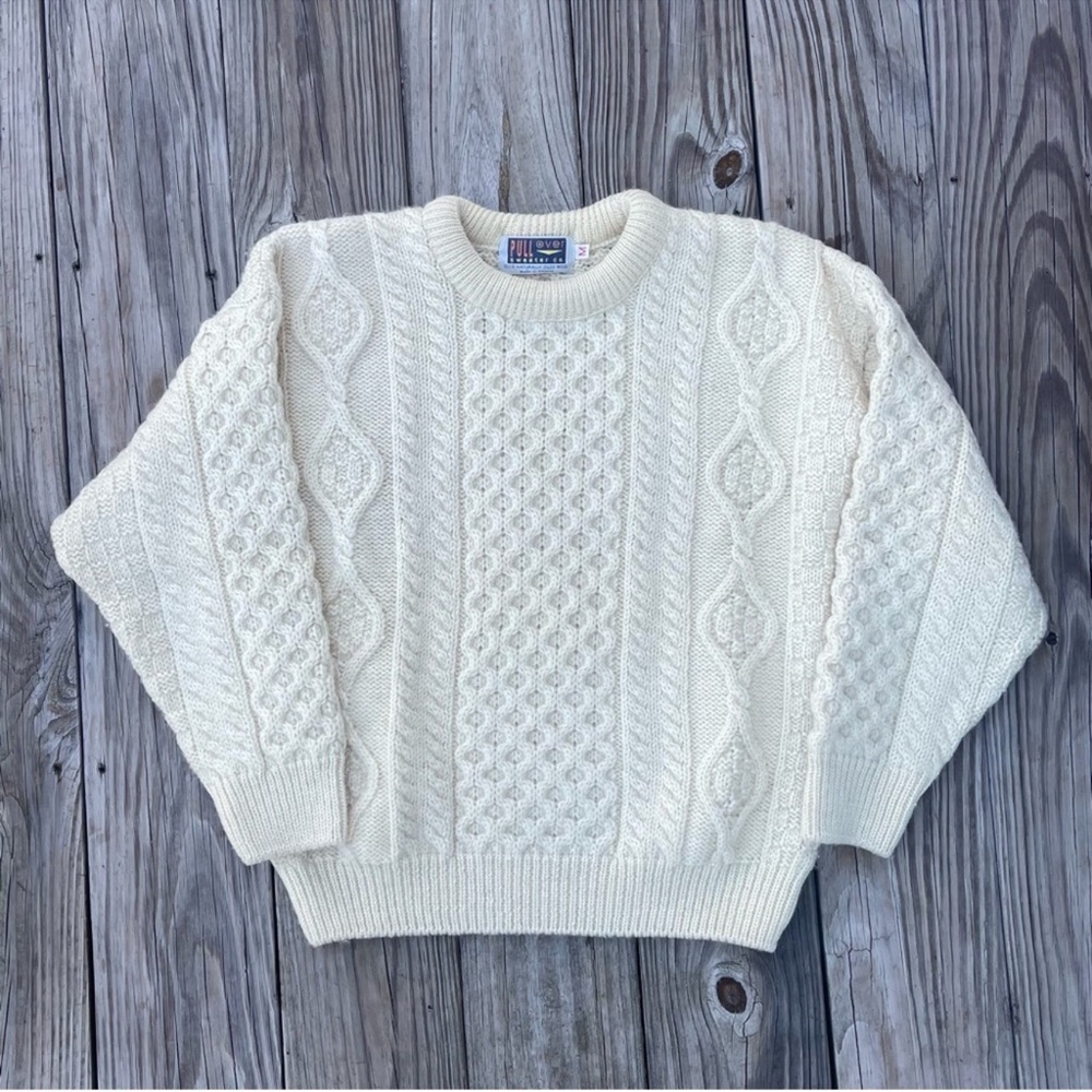 Vintage Wool Cream Cable Knit Crewneck Fisherman Sweater